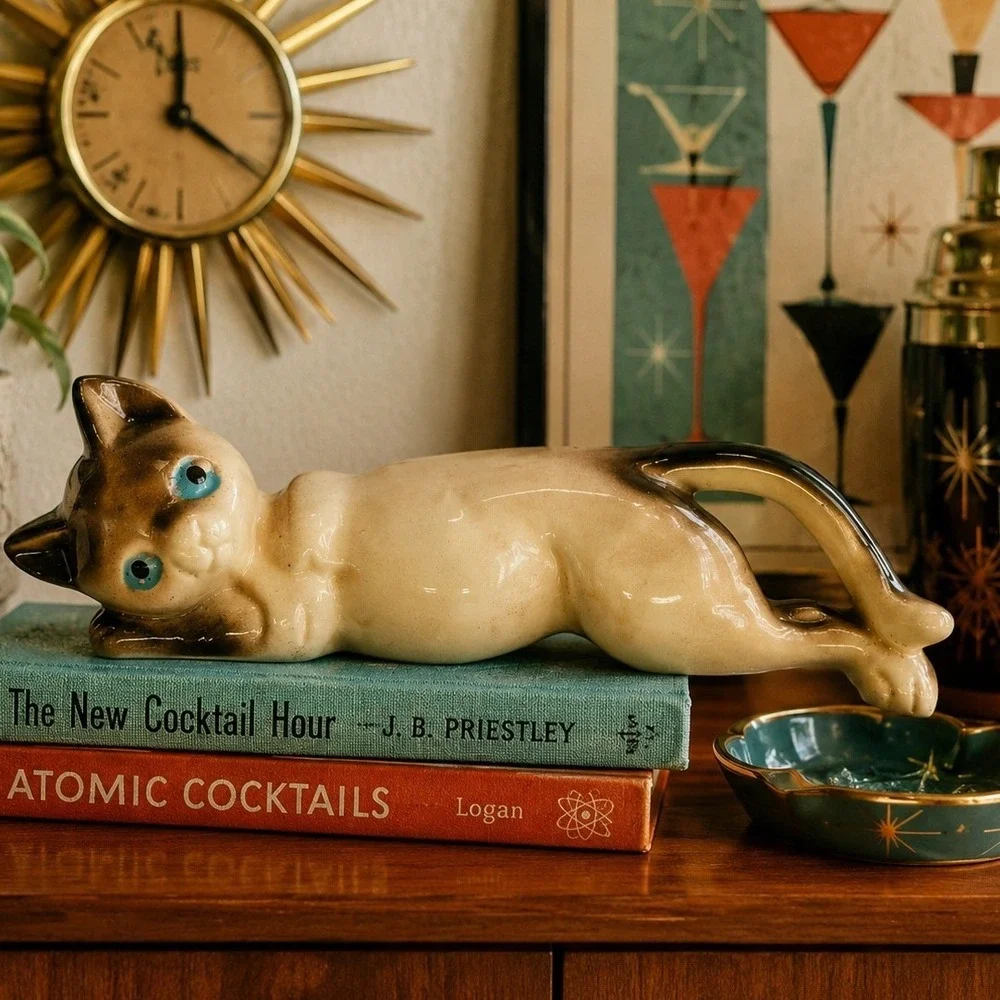 Vintage MCM Siamese Cat Figurine Blue Eyes Reclining Ceramic Kitsch Decor